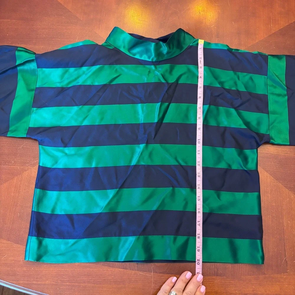 Agnes B Paris | Size 2 | Green Navy Blue Striped | Mock Neck Blouse Boxy Top - Picture 5 of 11